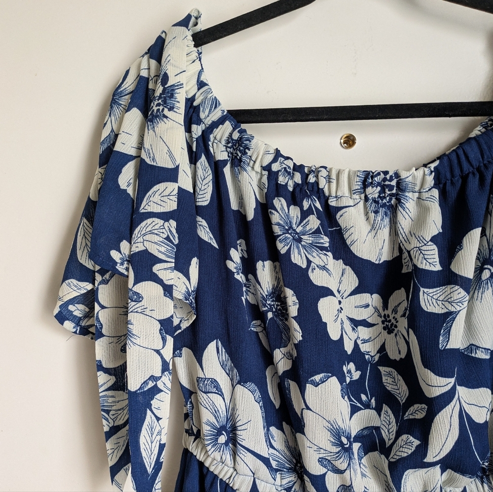AUW Blue White Floral Tropical Wide Leg Jumpsuit w/ Pockets Shoulder Ties - Picture 10 of 16